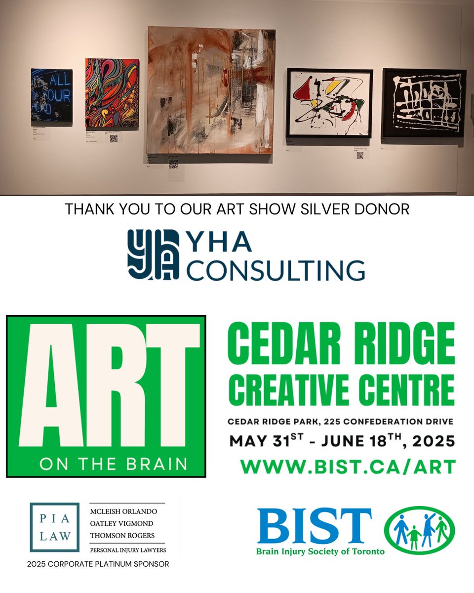 Thank you SO MUCH to our Art On The Brain Silver Donor YHA Consulting. This is the last weekend to explore our art show at Cedar Ridge Creative Centre in Scarborough - but our virtual art show will live on at: bist.ca/ART