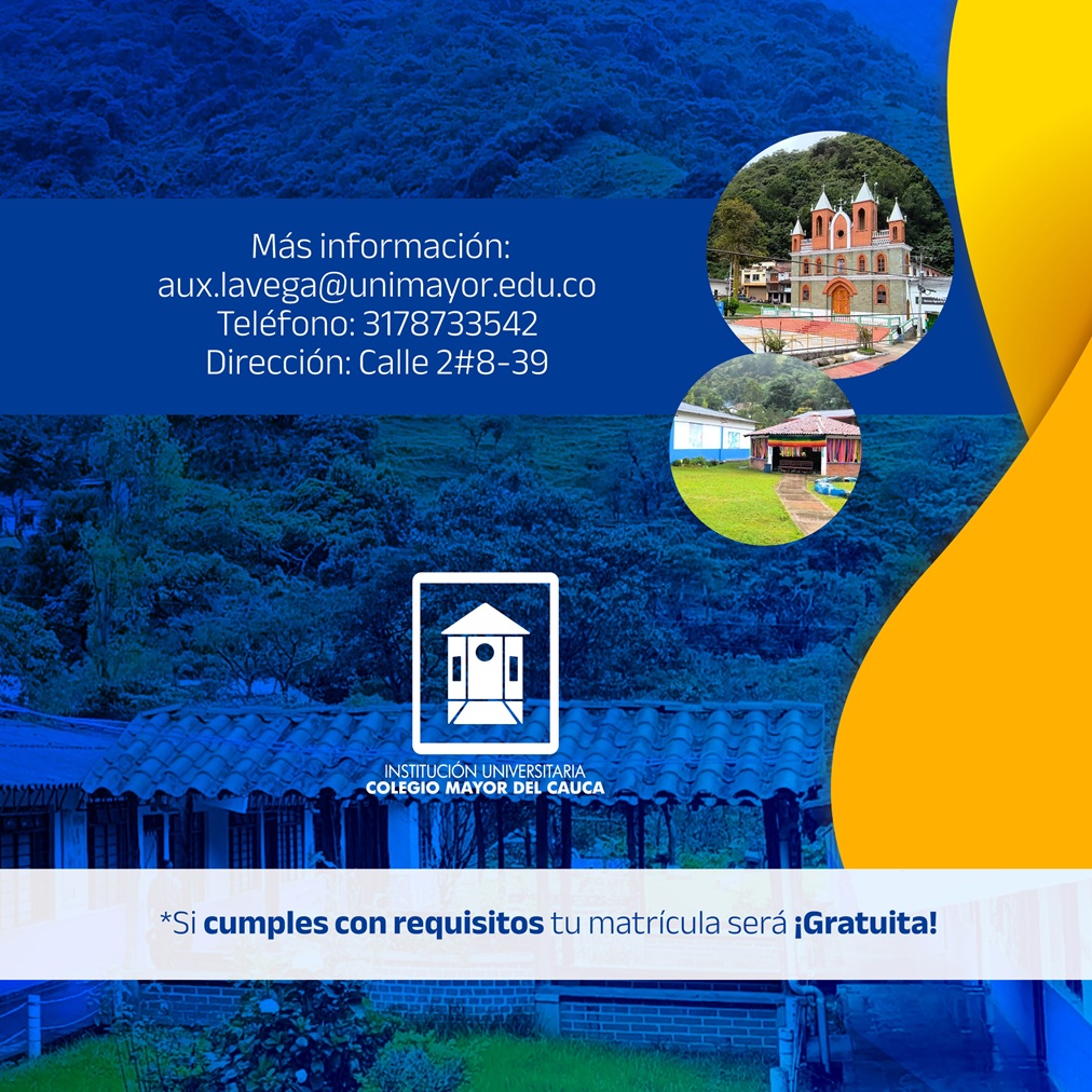 ¡La Educación Superior Llega al #MacizoColombiano! Estudia Tecnologías en Gestión Empresarial y Desarrollo de Software sin salir de tu municipio.
¡Pre-inscripciones abiertas!
Más info: acortar.link/FhtMOW 
<a href="/AlcaldiaLaVegaC/">Alcaldia La Vega</a> <a href="/GobCauca/">Gobernación del Cauca</a> <a href="/Almaguer16_19/">Alcaldia Almaguer</a> 
#Cauca #LaVegaCauca