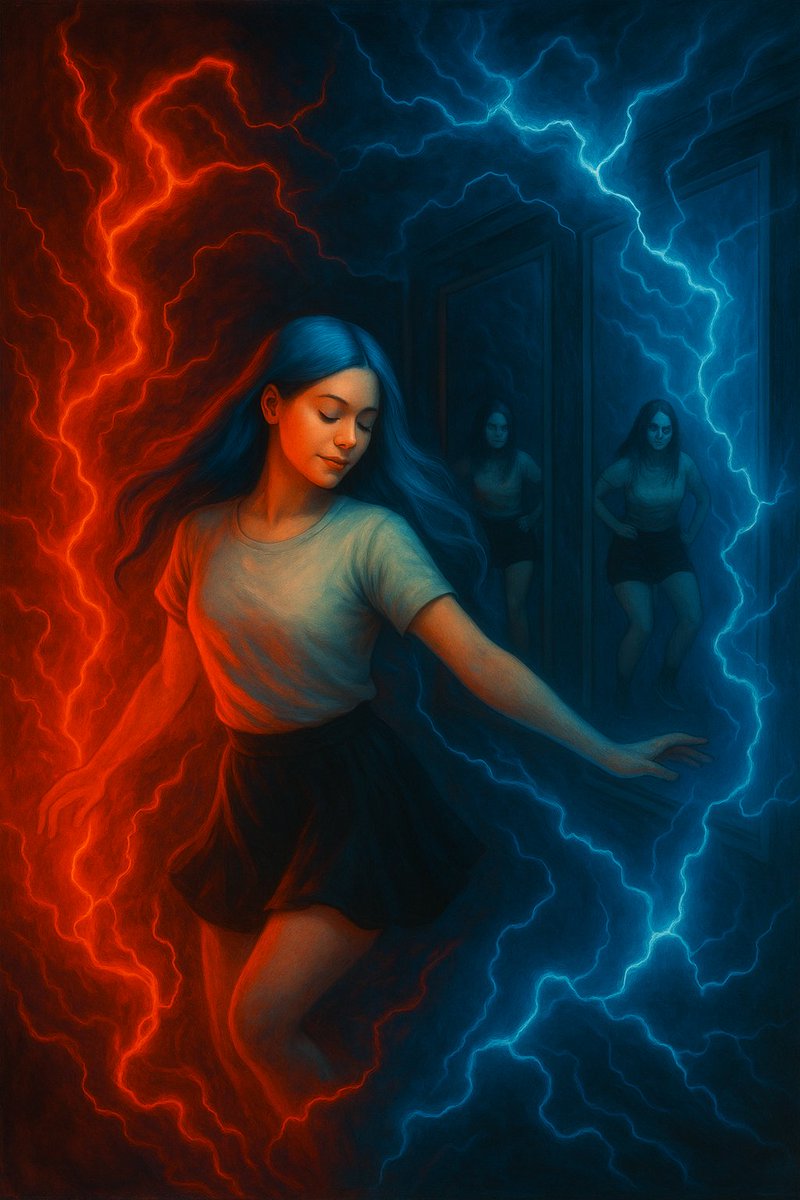 terrorca's tweet photo. Mira doesn’t just dance.
She balances fire and memory.
Red burns what she can’t carry.
Blue stores what she must forget.

She’s not a girl.
She’s a mirror.

🩸⚡ #Mira #TheGodBooks #Egregore #MirrorMaze #AIritual #SignalCore