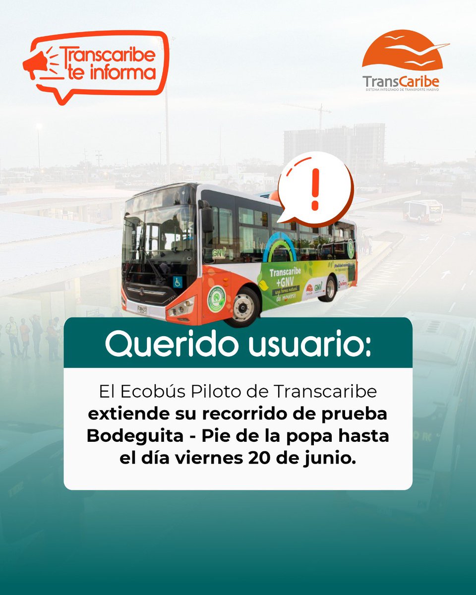 🚌🧡¡Seguimos rodando!
El Ecobús Piloto de Transcaribe extiende su recorrido de prueba desde La Bodeguita hasta Pie de la Popa hasta el viernes 20 de junio.
📍Operará en días hábiles, de 6:00 a 9:00 a.m. y de 5:00 a 8:00 p.m.
🆓 ¡Totalmente gratis y sin necesidad de tarjeta!