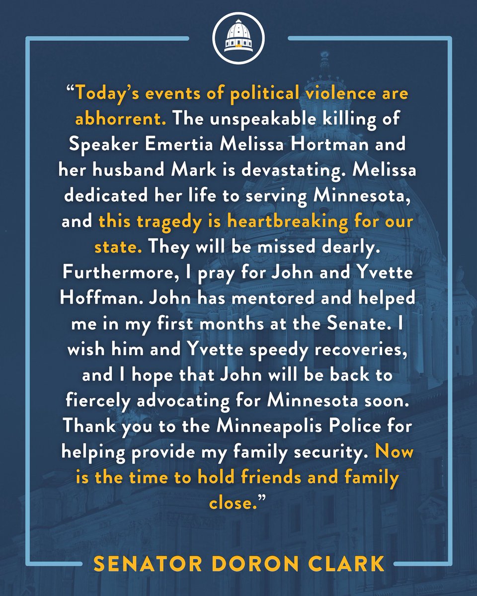 SenDoronClark's tweet photo. Thank you to the Minneapolis Police for helping provide my family security.

Now is the time to hold friends and family close. https://t.co/D05uyrUJe9