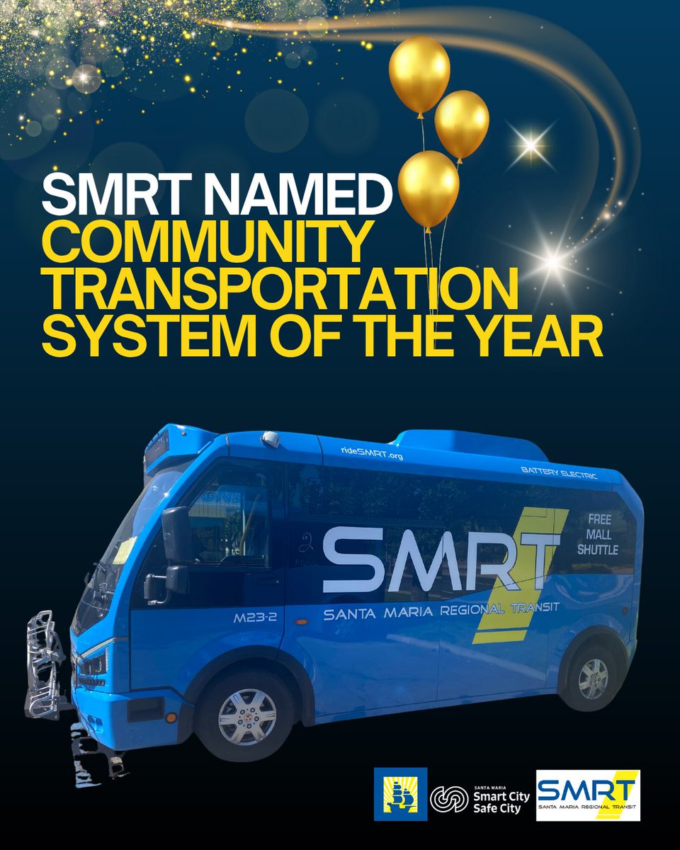 City_SantaMaria's tweet image. 🎉Congratulations to our Santa Maria Regional Transit (SMRT) for receiving the prestigious Community Transportation System of the Year Award. 🥇
Link in bio for full news📲