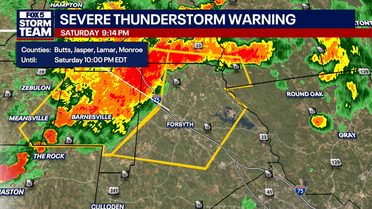 A Severe T-Storm Warning has been issued for Monroe, Butts, Jasper, Lamar Counties until 6/14 10:00PM.