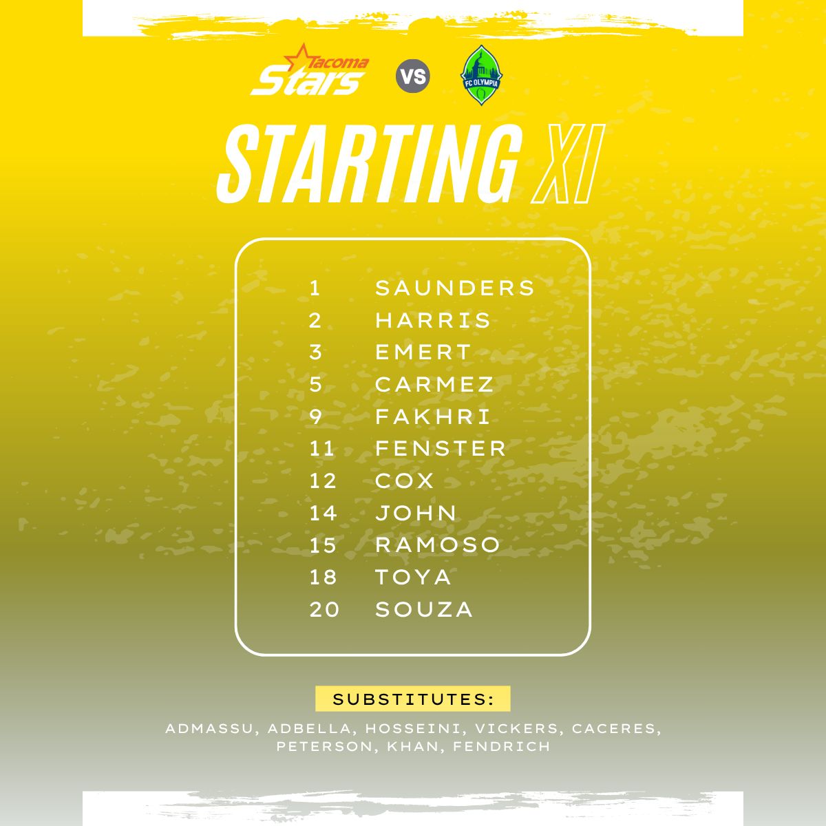 Your Tacoma Stars starting XI for tonight's game vs FC Olympia👊⚽ 

Lets go Stars!