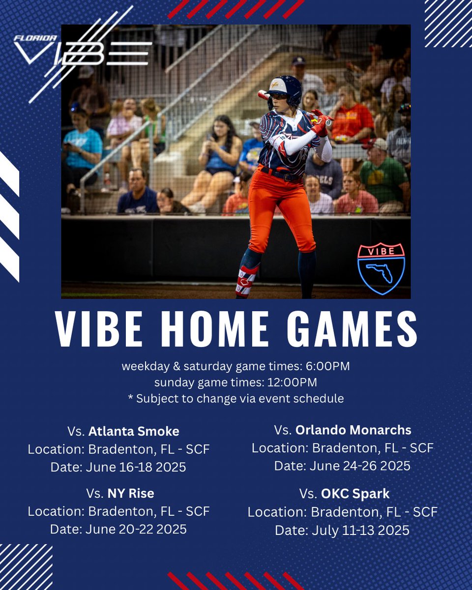 Fastpitch United (@fastpitchunite) on Twitter photo Don’t miss out on a Vibe home game!! 💙❤️🤍🥎 #feelthevibe #prosoftball #noplacelikehome #SCF #bradentonfl <a href="/floridavibesb/">Florida Vibe</a> <a href="/TheNewYorkRise/">The New York Rise</a> <a href="/okcityspark/">Oklahoma City Spark</a> <a href="/thetexassmoke/">The Texas Smoke</a> #monarchs Don’t miss out on a Vibe home game!! 💙❤️🤍🥎 #feelthevibe #prosoftball #noplacelikehome #SCF #bradentonfl <a href="/floridavibesb/">Florida Vibe</a> <a href="/TheNewYorkRise/">The New York Rise</a> <a href="/okcityspark/">Oklahoma City Spark</a> <a href="/thetexassmoke/">The Texas Smoke</a> #monarchs