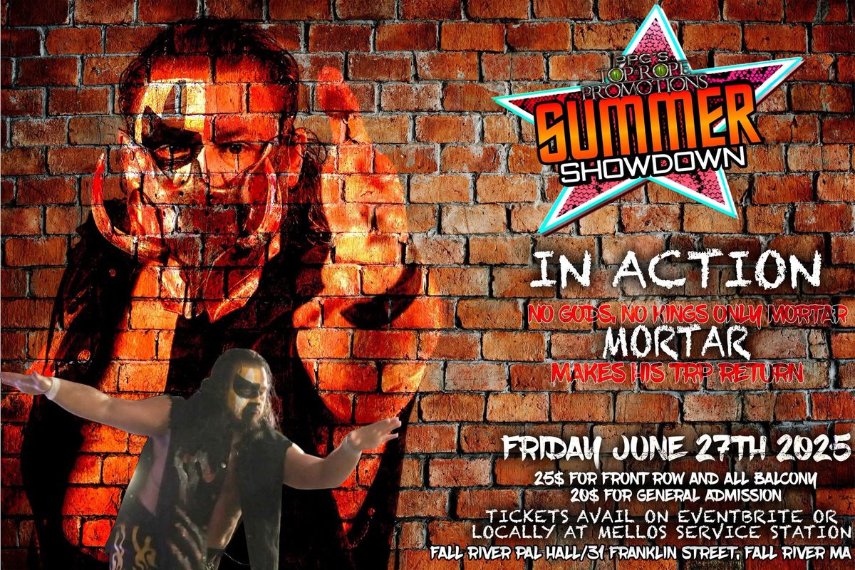 The exciting <a href="/IAMMORTAR/">MORTAR</a> returns to action on Friday June 27th at TRP LIVE Pro Wrestling Presents Summer Showdown Online tickets for the hottest show of the summer are available now at

eventbrite.com/e/summer-showd…

Locally tickets can be picked up at Mello's Service Station Fall River