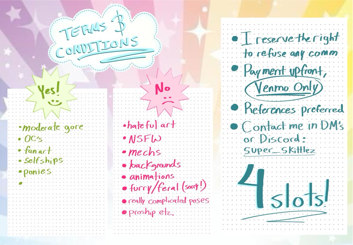 super_skittlez_'s tweet image. ★彡 MY COMMISSIONS ARE OPEN!!!!
this is my first time doing commissions, please DM me if you have any questions!!!
there are 4 open slots!
#commissionsopen #commissions #art