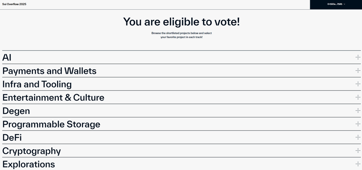 vyz_cm's tweet photo. Sui Overflow 2025 community voting is now open.

1⃣ Connect your wallet https://t.co/0jsNZJKJTx
2⃣ The portal will verify that your connected wallet is eligible for voting
3⃣Once verified, you can vote for your favorite project
4⃣ Submit your vote https://t.co/rDynCXF6xh