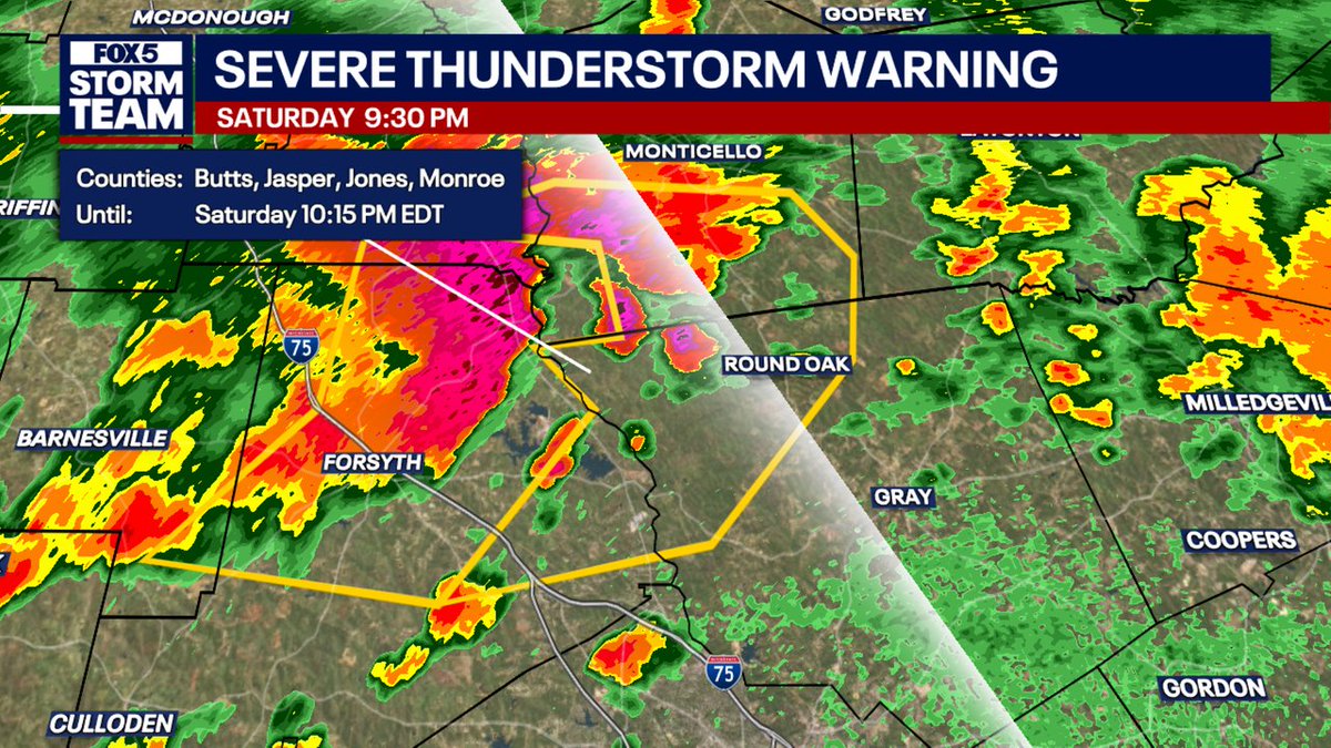 A Severe T-Storm Warning has been issued for Jones, Jasper, Butts, Monroe Counties until 6/14 10:15PM.