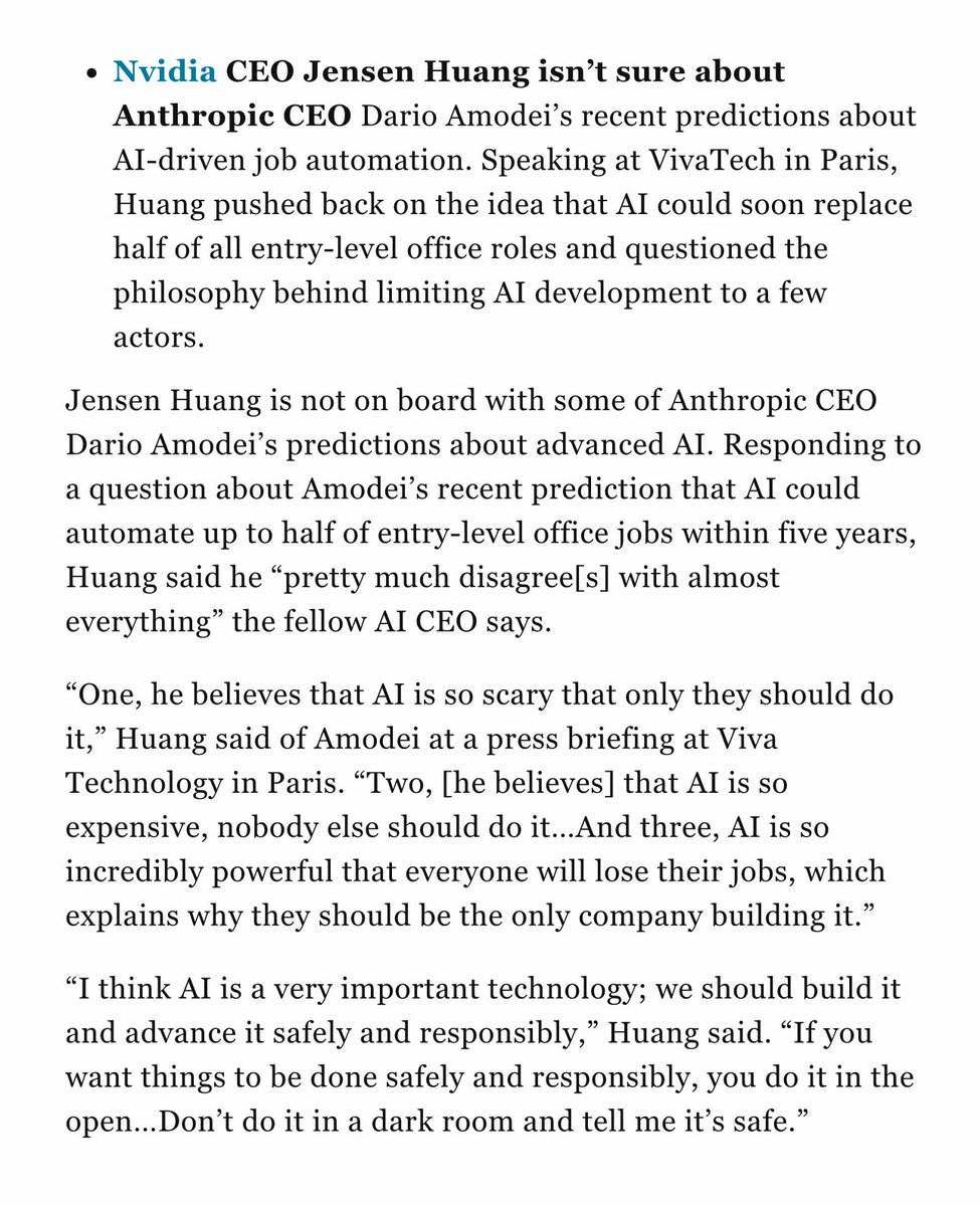 I agree with Jensen. If you want AI development to be done safely and responsibly, you do it in the open. Don’t do it in a dark room and tell me it’s “safe”.

Article archive:
archive.md/CC5VZ