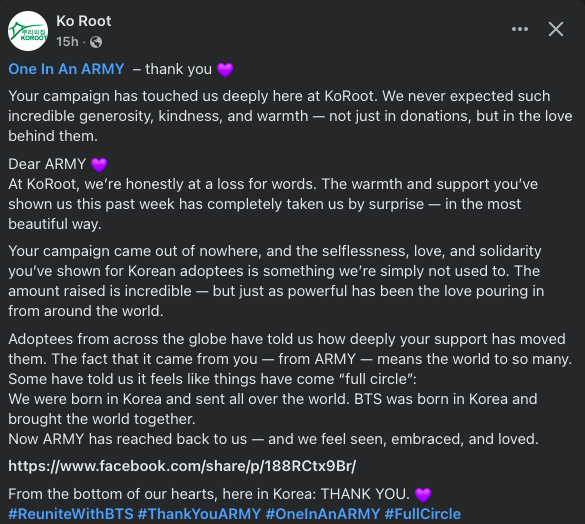 hobisdimples5's tweet photo. KoRoot's response. "We were born in Korea and sent all over the world. BTS was born in Korea and brought the world together." 💜
I am still deeply touched by this campaign. To everyone who shared, donated, learned about the dark side of the the adoption industry, thank you. https://t.co/L0wbbKtuv4