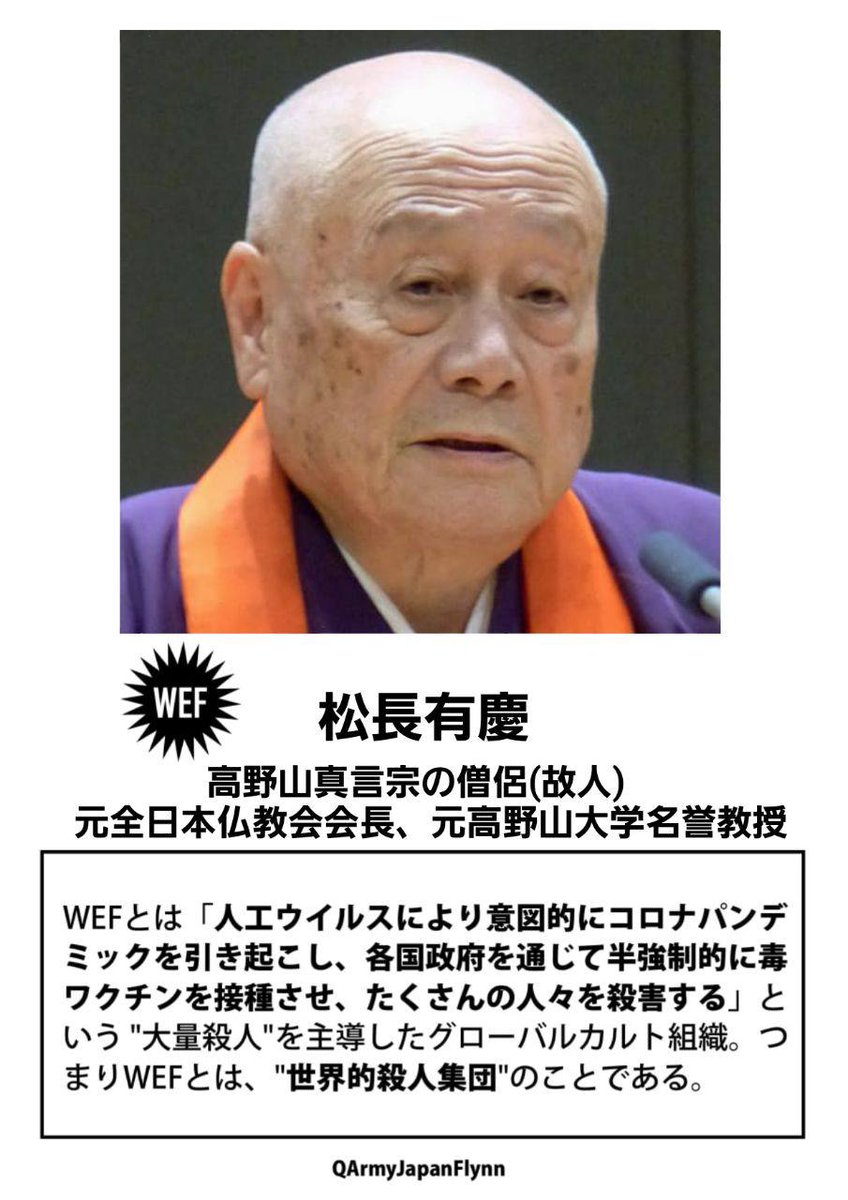 ALOHA1717Q's tweet image. ⚠️危険⚠️
拡散希望します❗️

285. 松長有慶 (元 高野山真言宗 僧侶/ 元 全日本仏教 会長/ 元 高野山大学 教授)

2023年4月16日 死去
#WEF #世界経済フォーラム #人564 #薩人鬼 #全匹9除 #QAJF #高野山真言宗 #全日本仏教 #21世紀高野山医療フォーラム #密教 #高野山大学 #松長有慶