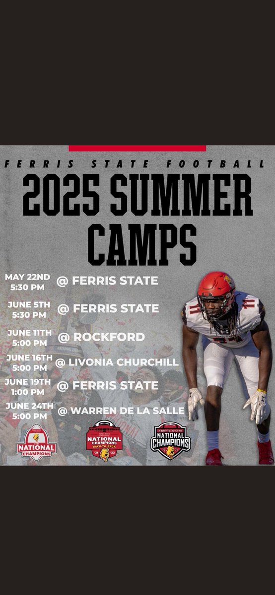 I will be at a Ferris State camp on June 16th. Thank you <a href="/Coach_Rock/">Brian Rock</a> for the invite!!