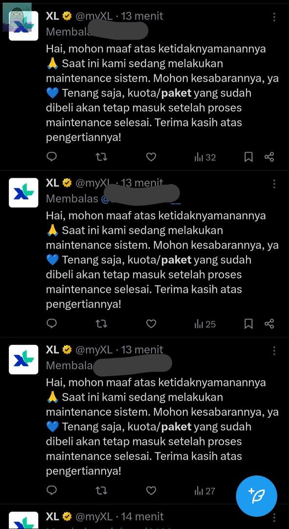 💚 knpa ini gk rame ya? Xl udah keterlaluan bgt dari tgl 10 perbaikan sampai sekarang gak beres², ribuan pengguna xl merasa ditipu beli paketan pulsanya udah dipotong tp kuotanya gk masuk, parahnya cs gk ada yg bisa dihubungi cuma jawaban template 😩
