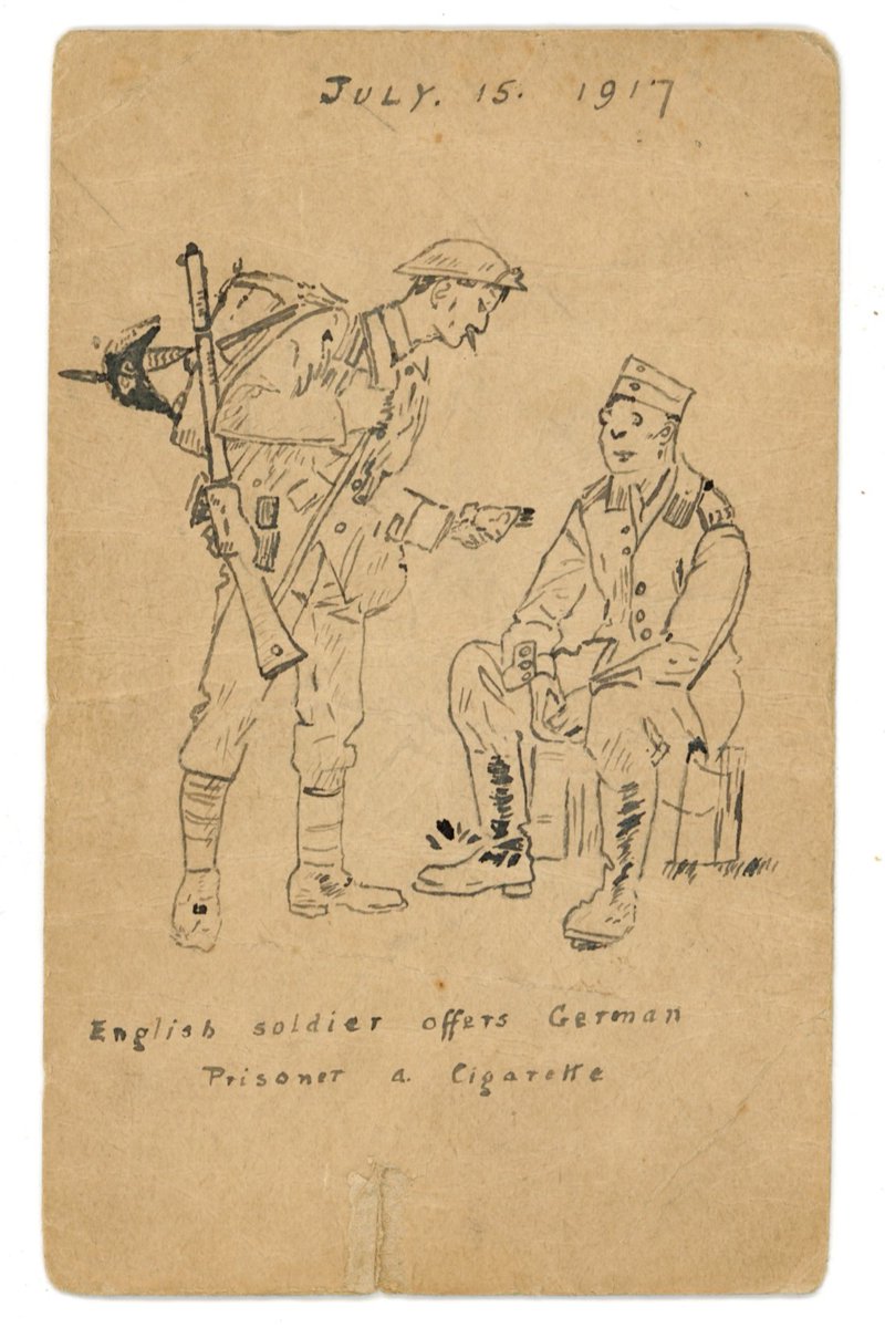 MMP1917's tweet image. During WWI, William Selkirk, a British soldier from Pelton, England, sent postcards with drawings to his young children. He was a gunner in the 298th Siege Battery, was killed in action on 10 August 1917, and commemorated on the Menin Gate. Today we remember fathers like William.
