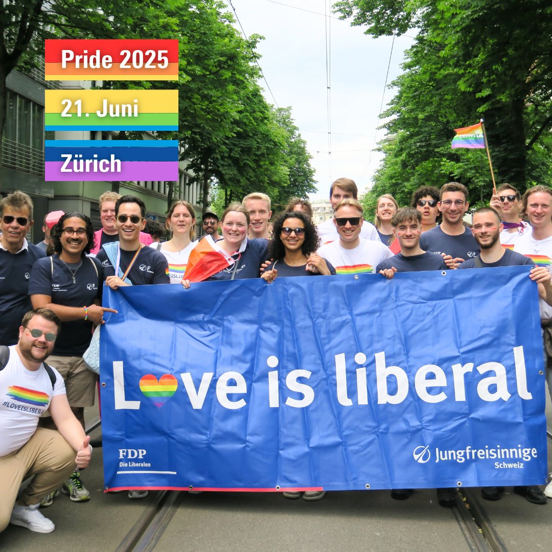 fdp_zh's tweet image. Pride 2025 in Zürich! 🏳️🌈
Am kommenden Samstag, 21. Juni feiert die Jungfreisinnige Schweiz und Jungfreisinnige Kanton Zürich «Love is Liberal» an der Pride in Zürich.
Willst du dabei sein? 😁
Melde dich hier an: bit.ly/4mUxSgx