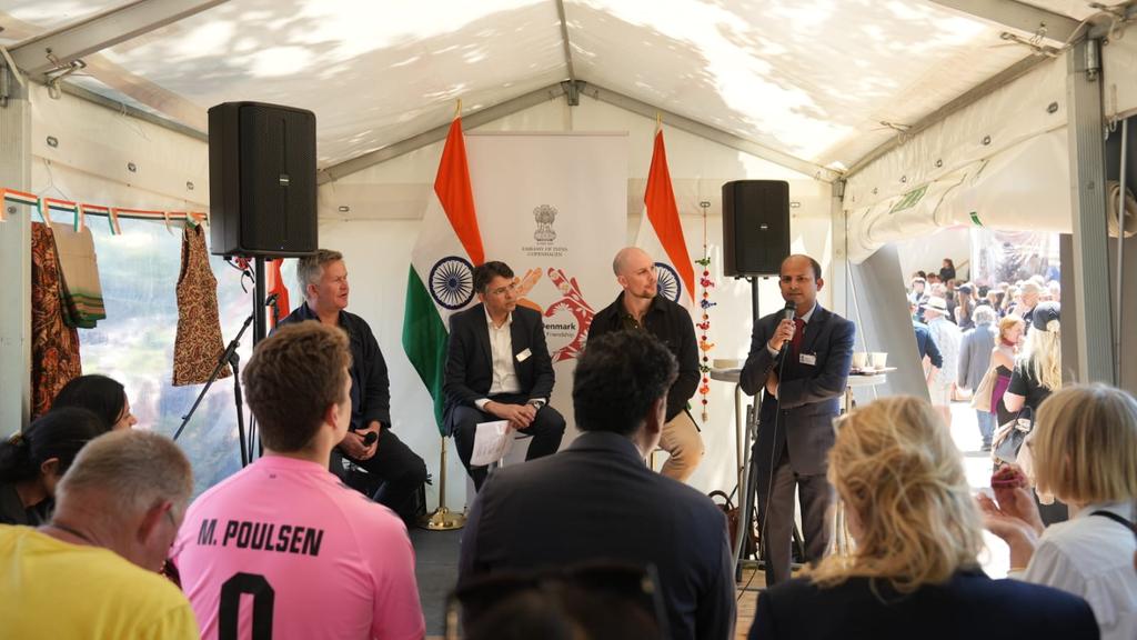 IndiainDenmark's tweet image. A panel discussion on India &amp;amp; Nordic growing business ties in an uncertain economic landscape was organized in the Embassy tent at #Folkemodet with the panelists Amb @ManishPrabhat06, Thomas Sehested, Next Step India #NSI and Mads Schlosser, Director #IDCC and Counsellor