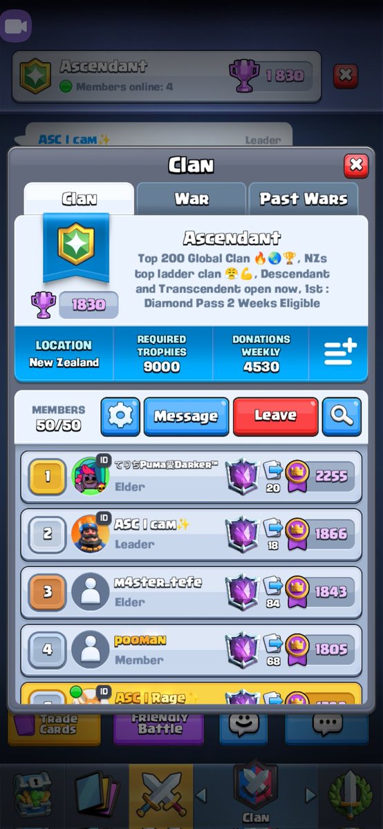 Come join, 1st gets a diamond pass (gifted through supercell id only. Must be in the clan at least  2 weeks before season end. Dm to join if full.