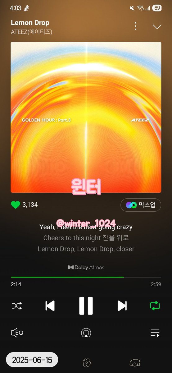 winter_1024's tweet photo. 2025. 06. 15 16시
멜론

#LemonDrop만_들려_여기에 #ATEEZ #에이티즈
#GOLDENHOUR #GOLDENHOUR_Part3 #LemonDrop https://t.co/WqQD4P1JD8
