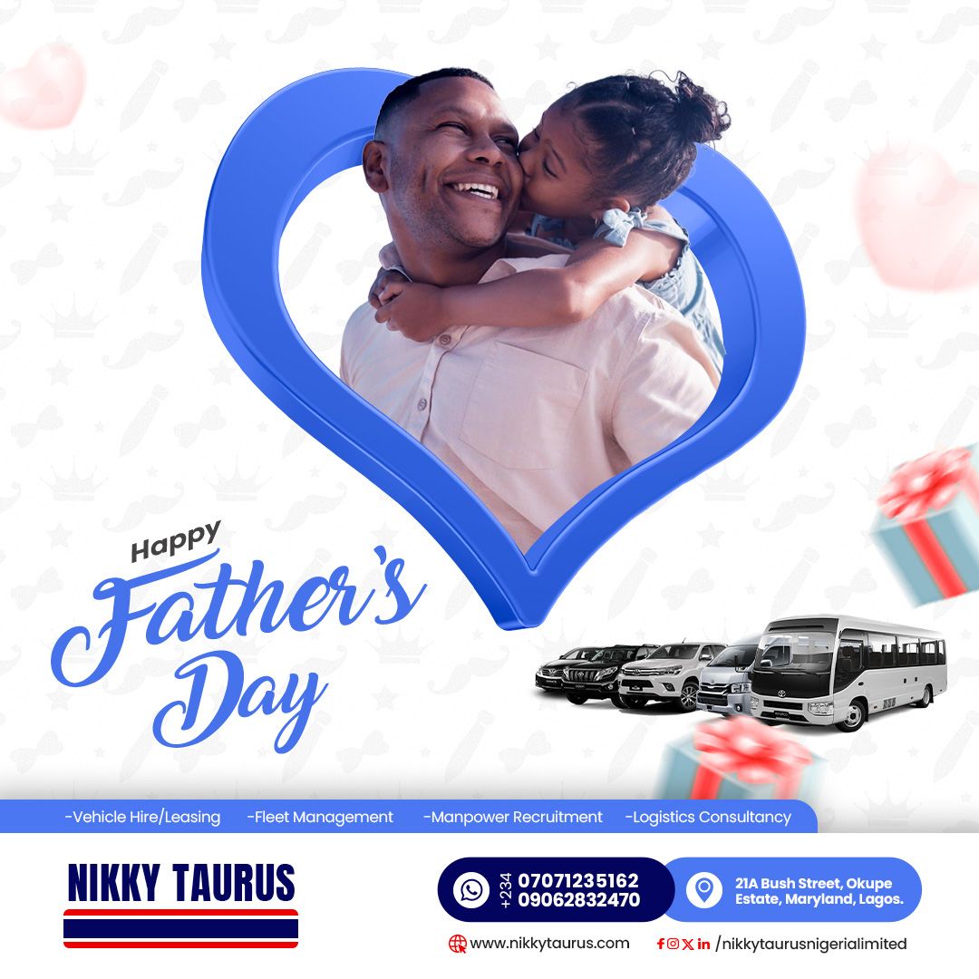 NikkyTaurus's tweet photo. To all the fathers driving purpose and passion, we celebrate you today.

Happy Father's Day from all of us at Nikky Taurus Nigeria Limited.

#FathersDay #nikkytaurus https://t.co/nkWQwacg4I