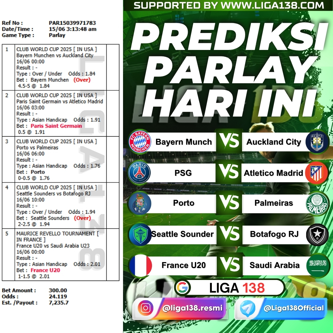 ofc_liga138's tweet photo. Prediksi Bola Parlay Malam ini - Liga138 Parlay π₯
1) Lose 1 (DAPAT 3X MODAL)
2) Full Win (DAPAT 600K)
3) Winstrike (DAPAT 1JT)
4) WIN O/U (DAPAT 5JT)
#tipsterbola #liga138 #mixparlay #tipster #parlay #liga138parlay #prediksibola #prediksiparlay #mixparlaytips #tipsparlay https://t.co/aBZ3pGG2wT