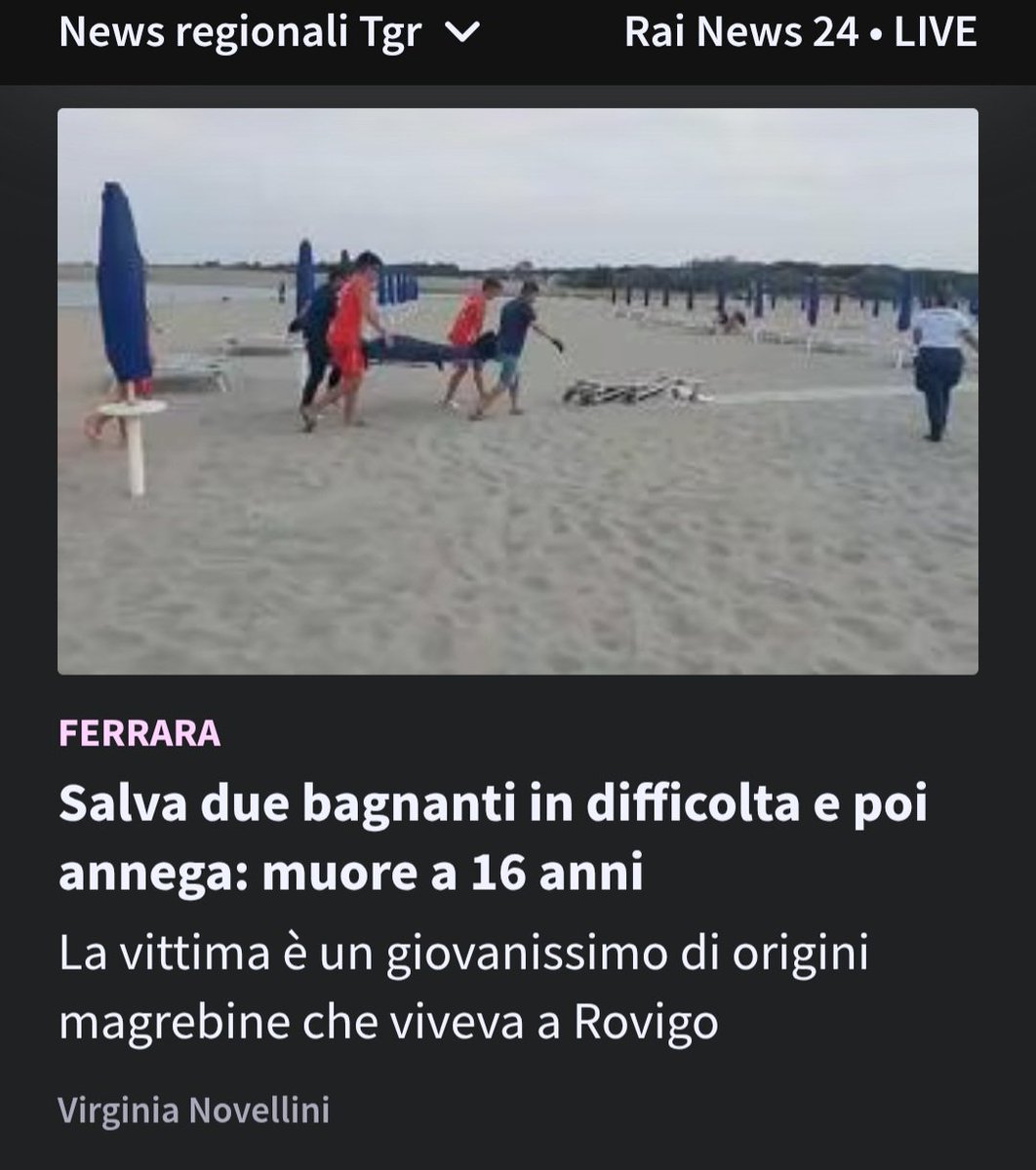 Chi ha perso la vita, da eroe, è di origini magrebine. Pertanto, NON vedrete alcun post di solidarietà nei riguardi di questo eroe appena sedicenne che, per salvare due italiani che stavano annegando, ha perso la vita. <a href="/SardoneSilvia/">Silvia Sardone</a> <a href="/LegaSalvini/">Lega</a> <a href="/FratellidItalia/">Fratelli d'Italia 🇮🇹</a> <a href="/claudioborghi/"></a>
