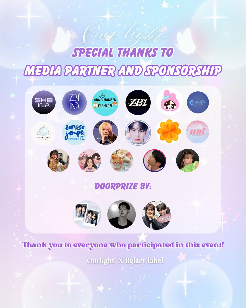 Ourlightbin613's tweet photo. SPECIAL THANKS TO OUR MEDIA PARTNERS & SPONSORS
We would like to express our heartfelt appreciation to all the media partners!
Also, a special thank you to those who provided our lovely doorprizes! ๐
#ourlightSHB #ourlightbin_0613 #shiningbrightforhanbin #SUNGHANBIN https://t.co/N0q11V8N2Z