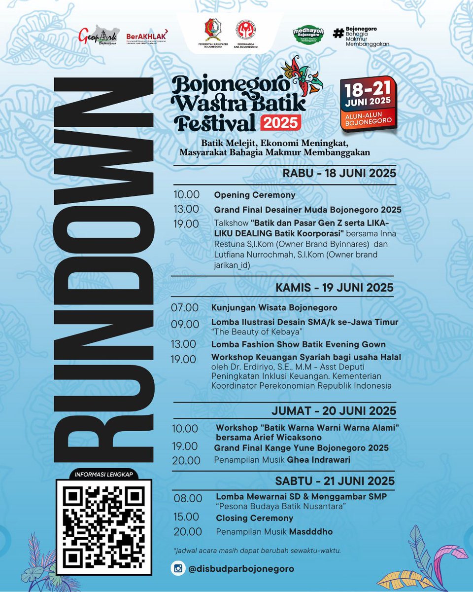 BOOM! Bojonegoro dan Solo bersatu dalam Wastra Batik Festival 2025!
📷Batik, budaya, ekonomi kreatif
📷 Ghea Indrawari &amp; Masdddho
📷Alun-Alun Bojonegoro | 18–21 Juni 2025

Cinta batik? Wajib hadir!
#WastraBatikFest2025 #BojonegoroBatik #KolaborasiBatik #EkrafNasional