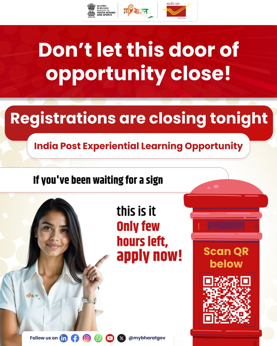 mybharatgov's tweet photo. 🚨 Last &amp; Final Call! 🚨
Today’s your last chance to apply for the India Post ELP!
Seal your spot. Deliver impact.
Don’t miss this opportunity to step into the real world, learn by doing. 

Apply here: https://t.co/HCn77uvDFX
@mansukhmandviya @khadseraksha @IndiaPostOffice https://t.co/kGWabq2G8w