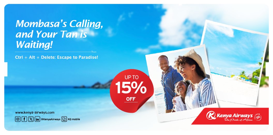 ⏰ Hurry &amp; snatch this Coastal deal! 🏖️
Less than 24 hours to get up to 15% OFF from Nairobi to Mombasa booked by TODAY, 15th June, for travel within 1 year. Escape the grid, chase the tide, live your best sun-soaked soft life.

Book Now 👉 ow.ly/oPig50VVpYO | Ts&amp;Cs Apply