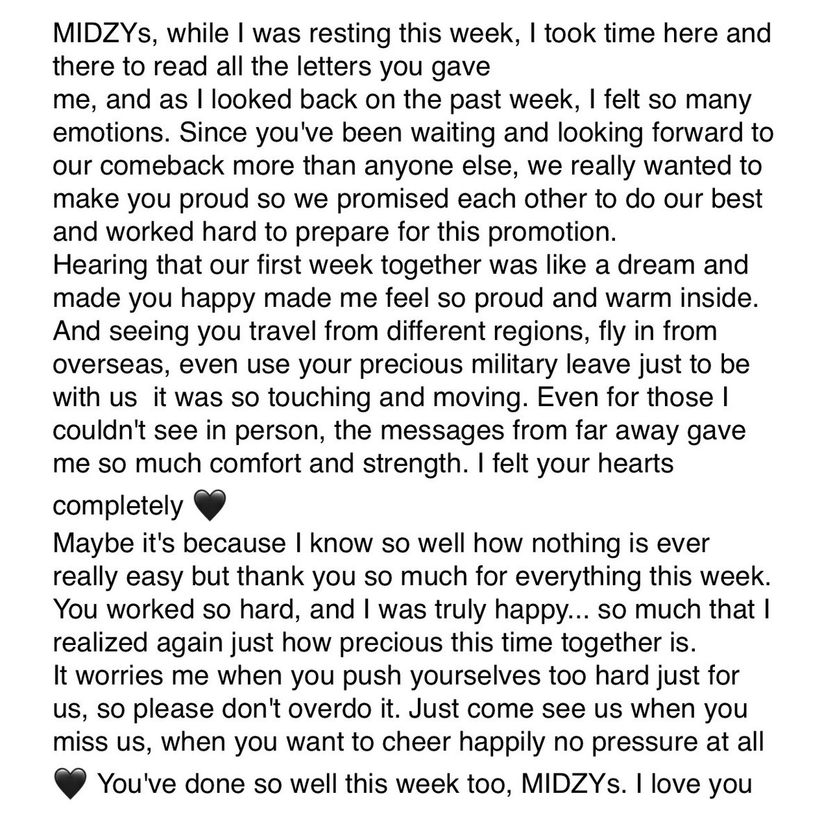 yeji_midzyfury's tweet photo. YEJI LETTER IS FULL OF LOVE WE DONT DESERVE HER 🥺

“ seeing you travel from different regions, fly in from overseas, even use your precious military leave just to be with us it was so touching and moving. Even for those I couldn't see in person, the messages from far away gave me so much comfort and strength. I felt your hearts completely 🖤 “

“ Maybe it's because I know so well how nothing is ever really easy but thank you so much for everything this week “

“ so please don't overdo it Just come see us when you miss us, when you want to cheer happily no pressure at all “