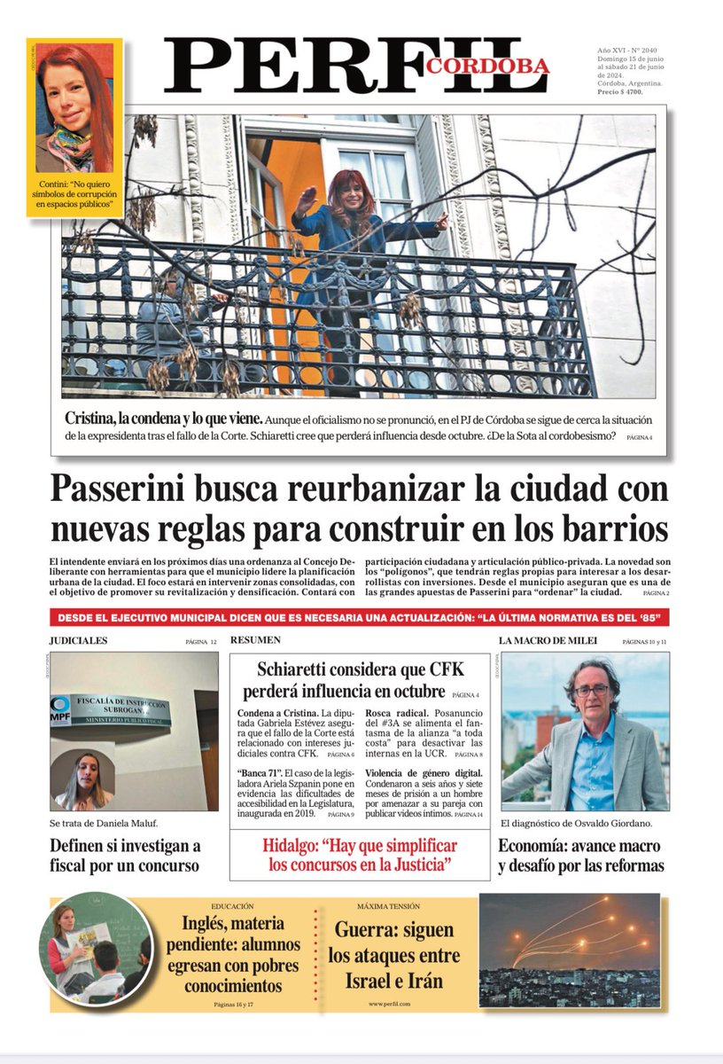 📰 La tapa del Diario PERFIL CÓRDOBA de este domingo 15 de junio