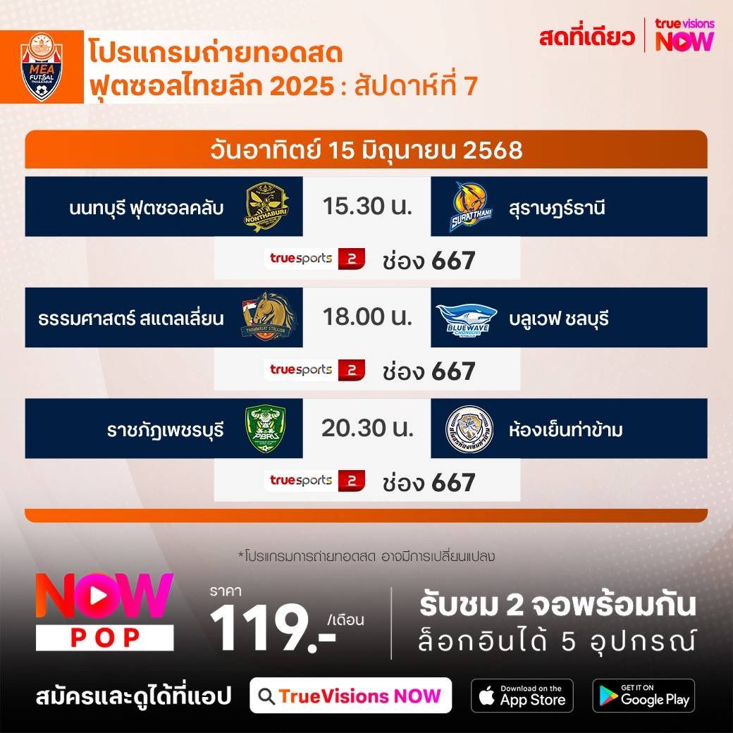 TrueVisions's tweet photo. โปรแกรมถ่ายทอดสด : ฟุตซอล ไทยลีก 2025
✨ ติดตามการถ่ายทอดสด ฟุตซอล ไทยลีก 2025 ได้ที่ ทรูวิชั่นส์
📌 รายละเอียดเพิ่มเติม โทร 02-700-8000
#NOWPOP #TrueVisionsNOW #TrueVisions https://t.co/9frtoGoXQ7