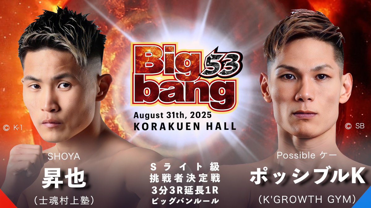 【試合発表】Bigbang53
2025年8月31日 / 後楽園ホール

Bigbangスーパーライト級挑戦者決定戦
3分3R延長1R ビッグバンルール

昇也
X（<a href="/syouya004455/">昇也</a>）
insta（@syouya045）

vs

ポッシブルK
X（<a href="/possiblekick/">possible'K K'growthgym</a>）
insta（<a href="/kei5728/">ベラー</a>）

詳細は下記公式サイトをご確認ください
bigbang-kick.com/2025/06/15/big…