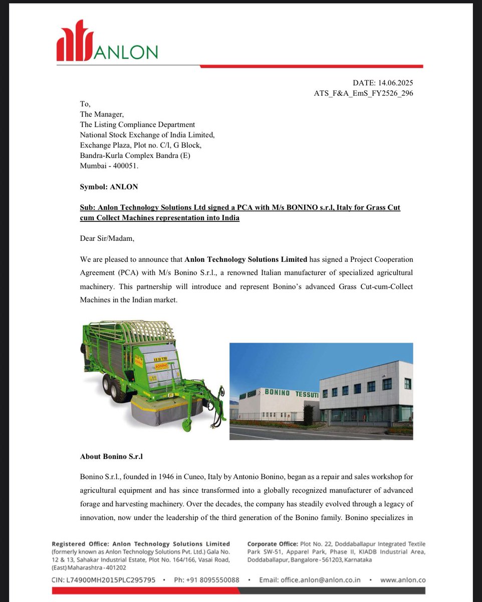 Portfolio_Bull's tweet photo. ANLON TECH SOLUTIONS LTD ‼️

Anlon signs project cooperation agreement with Italy's Bonino for advanced grass cut-cum-collect machines in India 🔥

#Anlontech #stockmarketupdate https://t.co/ZPzTXaJd2n