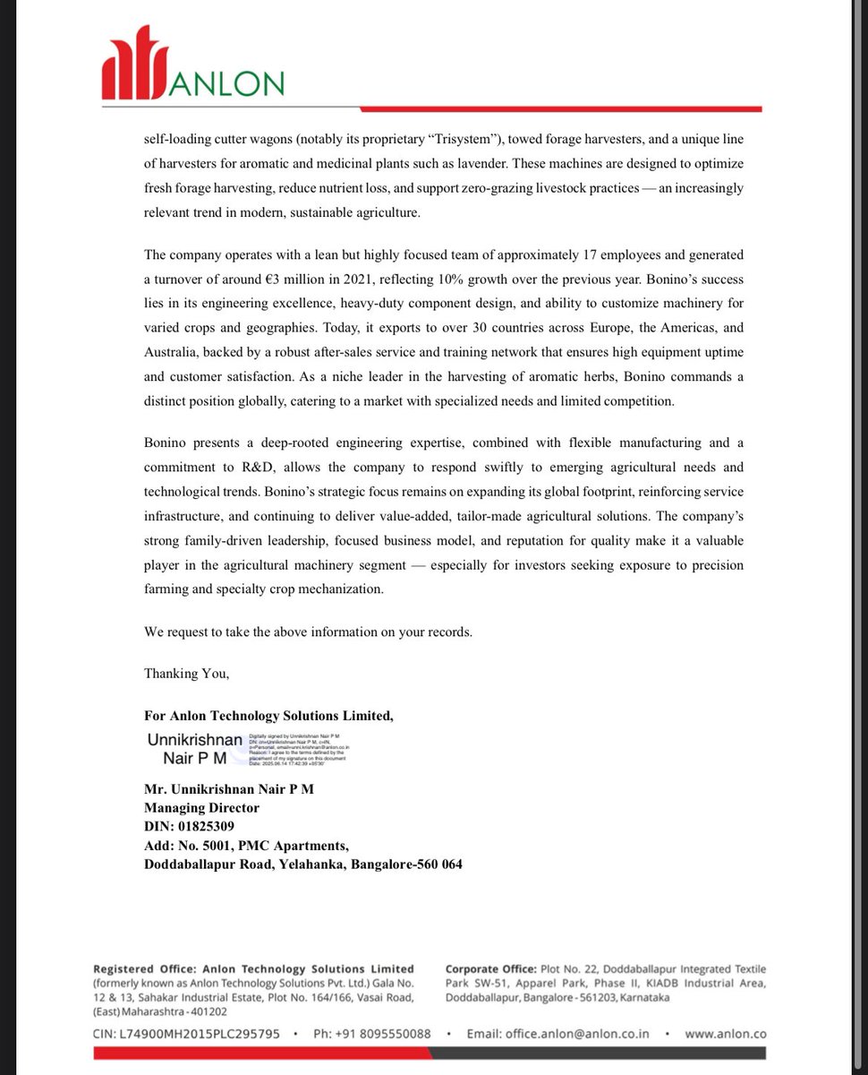 Portfolio_Bull's tweet photo. ANLON TECH SOLUTIONS LTD ‼️

Anlon signs project cooperation agreement with Italy's Bonino for advanced grass cut-cum-collect machines in India 🔥

#Anlontech #stockmarketupdate https://t.co/ZPzTXaJd2n