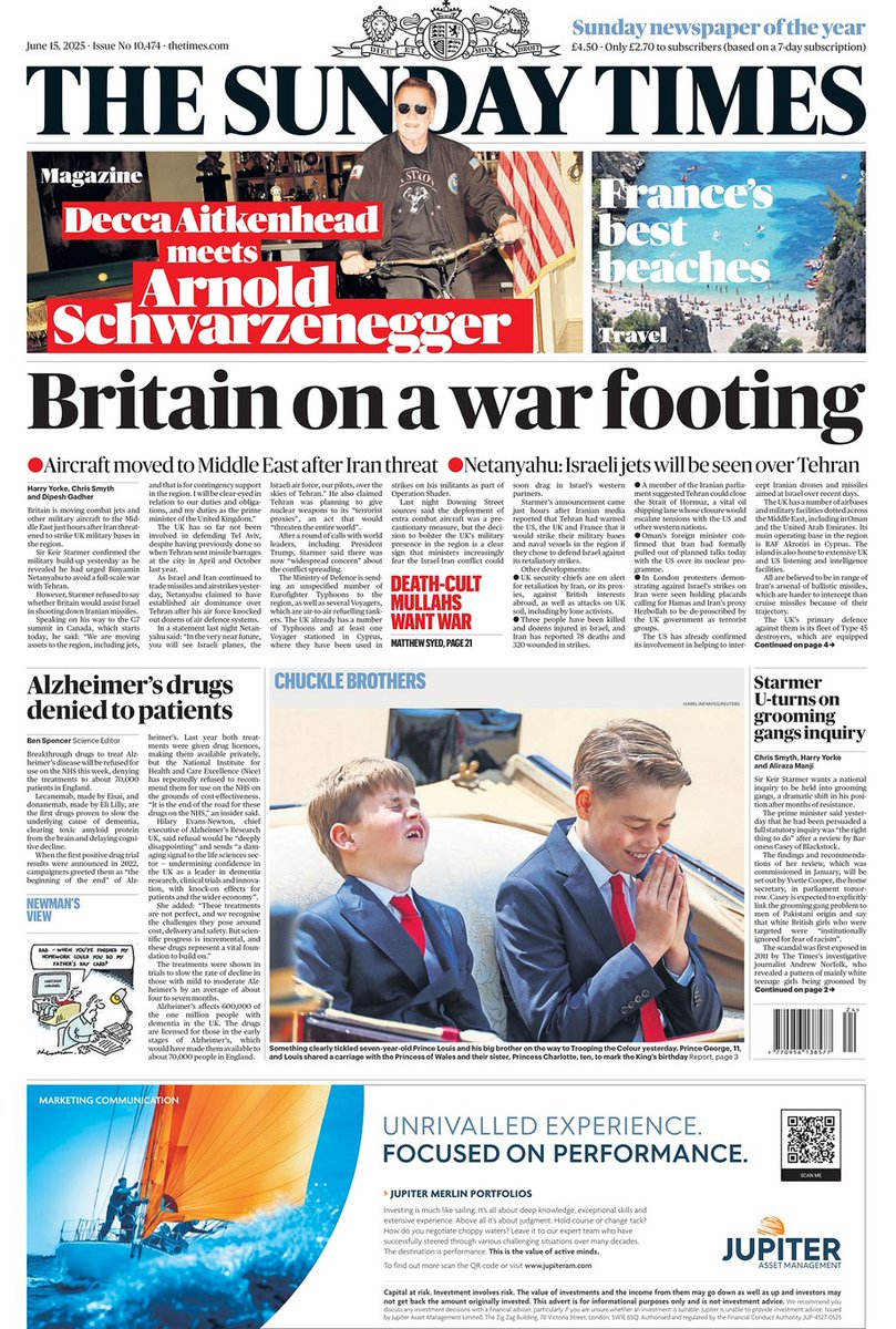 𝙵𝚛𝚘𝚗𝚝 𝙿𝚊𝚐𝚎𝚜 𝚃𝚘𝚍𝚊𝚢 📰 (@ukpapers) on Twitter photo 🇬🇧 Britain On A War Footing
▫Starmer confirms military build up after Iran threat as Netanyahu warns that Israeli jets ‘will be seen over Tehran’
▫<a href="/HarryYorke1/">Harry Yorke</a> <a href="/Smyth_Chris/">Chris Smyth</a> <a href="/DipeshGadher/">Dipesh Gadher</a>
#frontpagestoday #UK <a href="/thetimes/">The Times and The Sunday Times</a> 🇬🇧 🇬🇧 Britain On A War Footing
▫Starmer confirms military build up after Iran threat as Netanyahu warns that Israeli jets ‘will be seen over Tehran’
▫<a href="/HarryYorke1/">Harry Yorke</a> <a href="/Smyth_Chris/">Chris Smyth</a> <a href="/DipeshGadher/">Dipesh Gadher</a>
#frontpagestoday #UK <a href="/thetimes/">The Times and The Sunday Times</a> 🇬🇧
