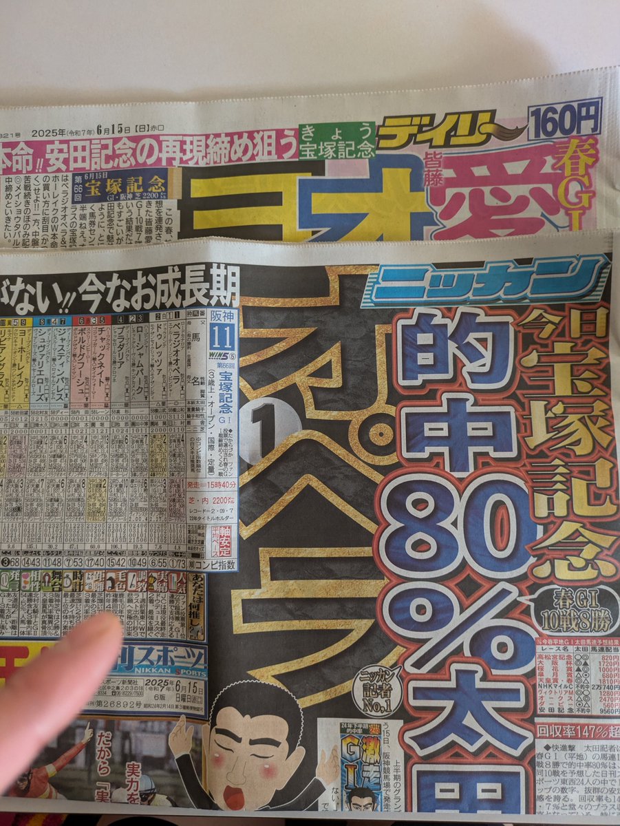 ニッカンとデイリーゲット👍
今から熟読して宝塚記念の買い目を考えます🐴🫡

#宝塚記念2025 
#宝塚記念2025予想 
#宝塚記念