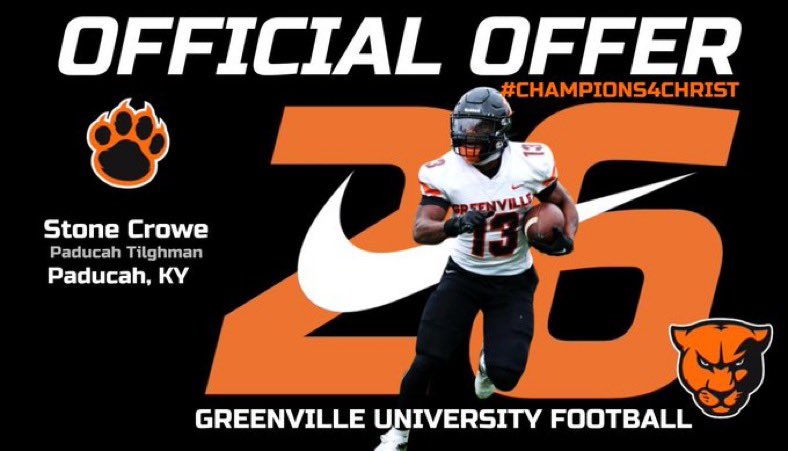 Stone Crowe (@stonecrowe88) on Twitter photo After a great conversation with <a href="/Coachschomaker/">Robbie Schomaker</a> I have been blessed to receive my first official collegiate offer to Greenville University <a href="/EMAPFootball/">Greenville University Football</a>!! #AGTG
<a href="/CoachMikeDog_/">Coach Mikey🏈</a> <a href="/coachthomp9/">Coach Thomp</a> <a href="/qualls_coach/">Coach Qualls</a> <a href="/coachstarks25/">Coach Matt Starks</a> <a href="/jjwakka/">Coach Justin Walker</a> <a href="/CoachTenenoff/">Lee Tenenoff II</a> <a href="/CoachLoganKirk/">Coach Logan Kirk</a> <a href="/IanLeib/">Coach Ian Leib</a> <a href="/_CoachDay_/">Brandon Day</a> After a great conversation with <a href="/Coachschomaker/">Robbie Schomaker</a> I have been blessed to receive my first official collegiate offer to Greenville University <a href="/EMAPFootball/">Greenville University Football</a>!! #AGTG
<a href="/CoachMikeDog_/">Coach Mikey🏈</a> <a href="/coachthomp9/">Coach Thomp</a> <a href="/qualls_coach/">Coach Qualls</a> <a href="/coachstarks25/">Coach Matt Starks</a> <a href="/jjwakka/">Coach Justin Walker</a> <a href="/CoachTenenoff/">Lee Tenenoff II</a> <a href="/CoachLoganKirk/">Coach Logan Kirk</a> <a href="/IanLeib/">Coach Ian Leib</a> <a href="/_CoachDay_/">Brandon Day</a>
