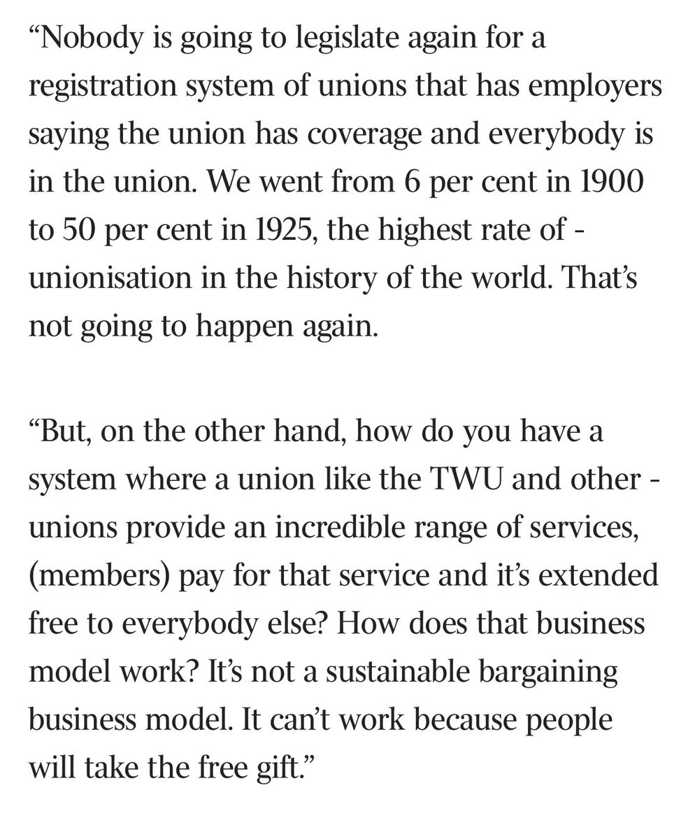 Ewin Hannan (@ewinhannan) on Twitter photo In a wide ranging interview, former ACTU secretary Bill Kelty says the union movement’s bargaining model that passes on gains to non-members for free is “unviable”. Backs unions striking deals where union services like training are only free to members.  theaustralian.com.au/nation/bill-ke… In a wide ranging interview, former ACTU secretary Bill Kelty says the union movement’s bargaining model that passes on gains to non-members for free is “unviable”. Backs unions striking deals where union services like training are only free to members.  theaustralian.com.au/nation/bill-ke…