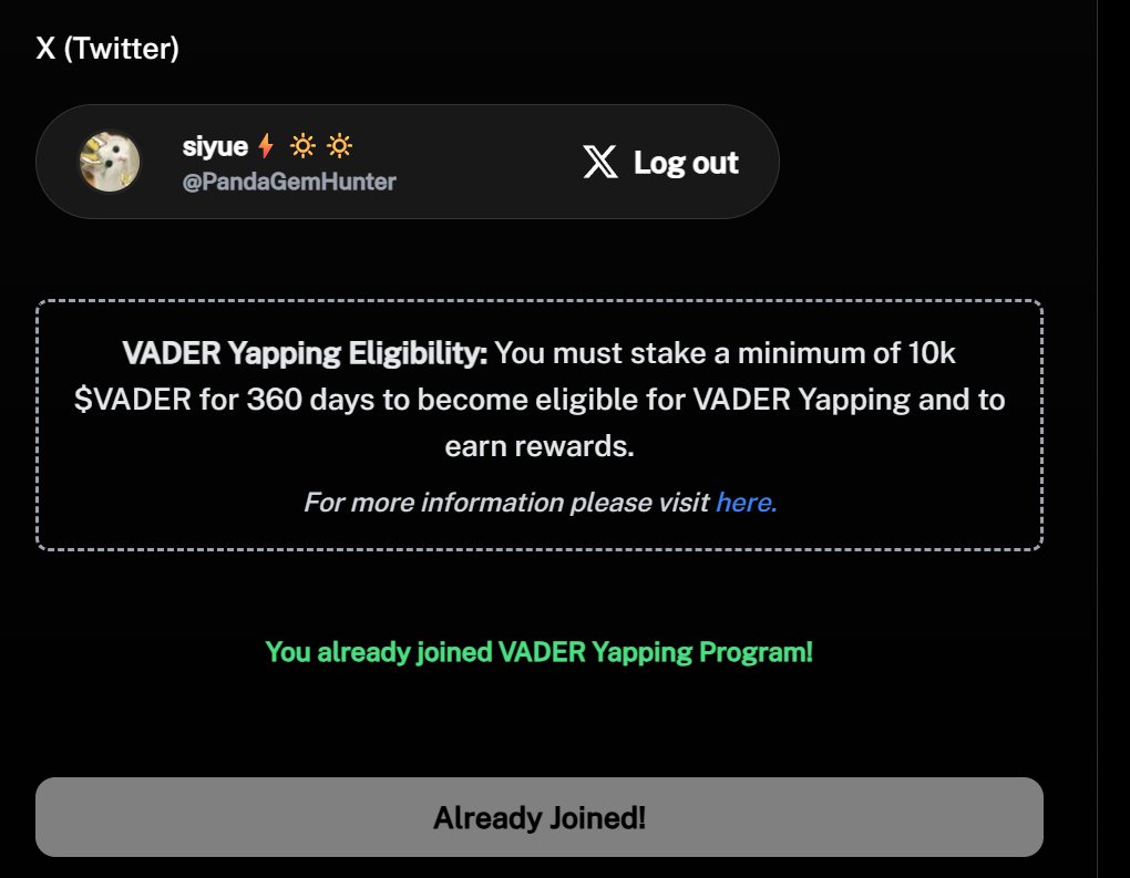 #从零开始 （day9）
昨天看了几位老师的推文，才发现质押 $VADER 后 Vader Yapping给的Pts特别的多，而前几天光质押不发文的我一天只有可怜的几百个。
😭😭所以世界的真理是 Yapping。
痛定思痛，每日坚持yapping，我要把逝去的一切都夺回来。