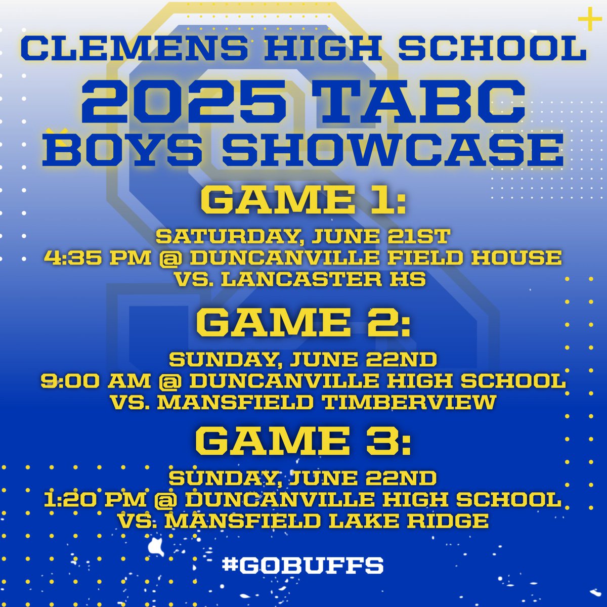 🏀 Clemens Basketball is headed to the TABC Showcase in Dallas next weekend! 
6/20-6/22
We’re excited to compete against some of the best teams in the state and show what we're made of. 💪#ClemensHoops #TABCShowcase #TexasBasketball