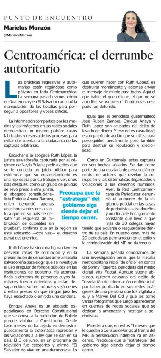 ✍️ Las prácticas autoritarias están regándose como pólvora en toda #Centroamérica. 
En #Guatemala y #ElSalvador se manipula la ley y las Fiscalías siguen persiguiendo opositores y voces críticas:
más de 20 periodistas de🇬🇹 y más de 30 de🇸🇻 están en el exilio.
Mi columna👇
