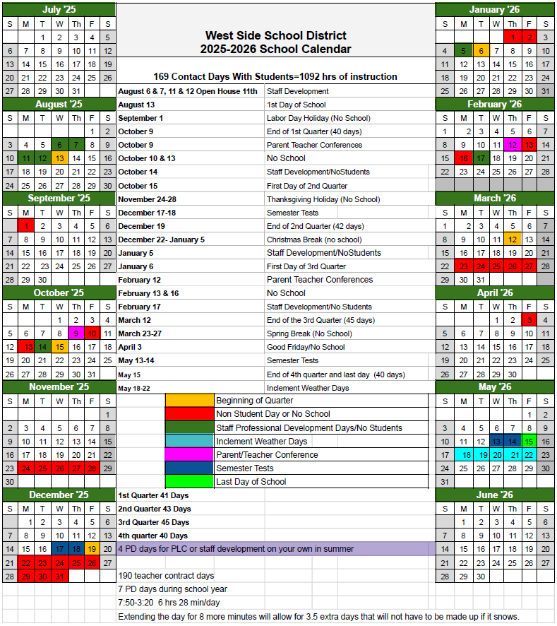 Are you planning vacations and family time during the next school year? The 2025-2026 West Side School Calendar  can help with that!