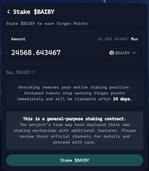 Yatots_RON's tweet photo. Should I jeet and go to jeet jail? 😈
 Of course not. Just staked my 24,000 $BAIBY 🍼
Now farming $VIRGEN points for the next big one: $ROOM by @UseBackroom 🧠

Grind never stops.
@virtuals_io @VaderResearch @Vader_AI_
#BAIBY #ROOM #VIRGEN #VADER #Virtuals #YapToEarn https://t.co/4ti8pX0xNN