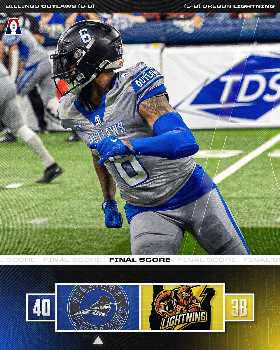 Outlaws Keep Playoff Hopes Alive! 😱 

Dean Faithfull kicks a Game-Winning Field Goal with 4 seconds left to knock-off the Oregon Lightning and keep their Playoff Hopes Alive. 👀 

Salina WINS = Salina IN the Playoffs
Salina LOSS = Billings IN the Playoffs

The FINAL PLAYOFF SPOT