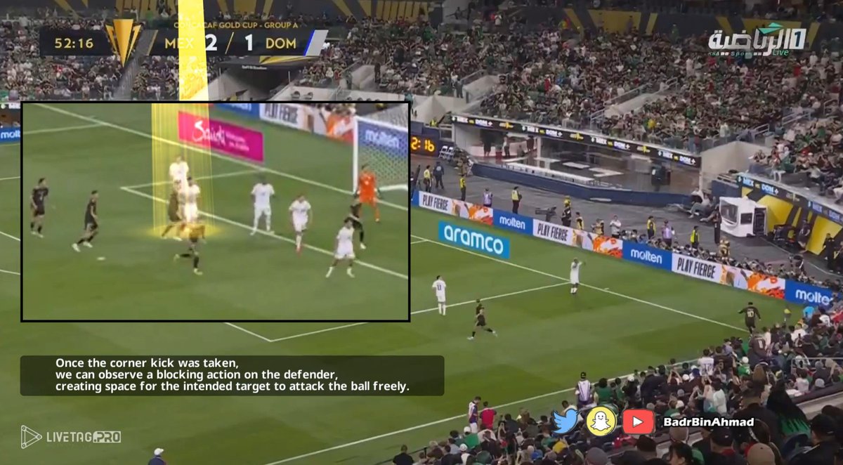 #تحليل هدف #المكسيك الثالث ضد #الدومينيكان :
- في الركنية الدومينيكان بدفاع المنطقة Zone Defence وبزيادة عددية 6 مقابل 5 .
- تلاحظ عند لعب الكرة عمل البلوك للمدافع لاعطاء الحرية للاعب المستهدف أن تصل له الكرة بضربها بدون مضايقة.
#CopaOro 
#GoldCup 
#كأس_الكونكاكاف_الذهبية2025