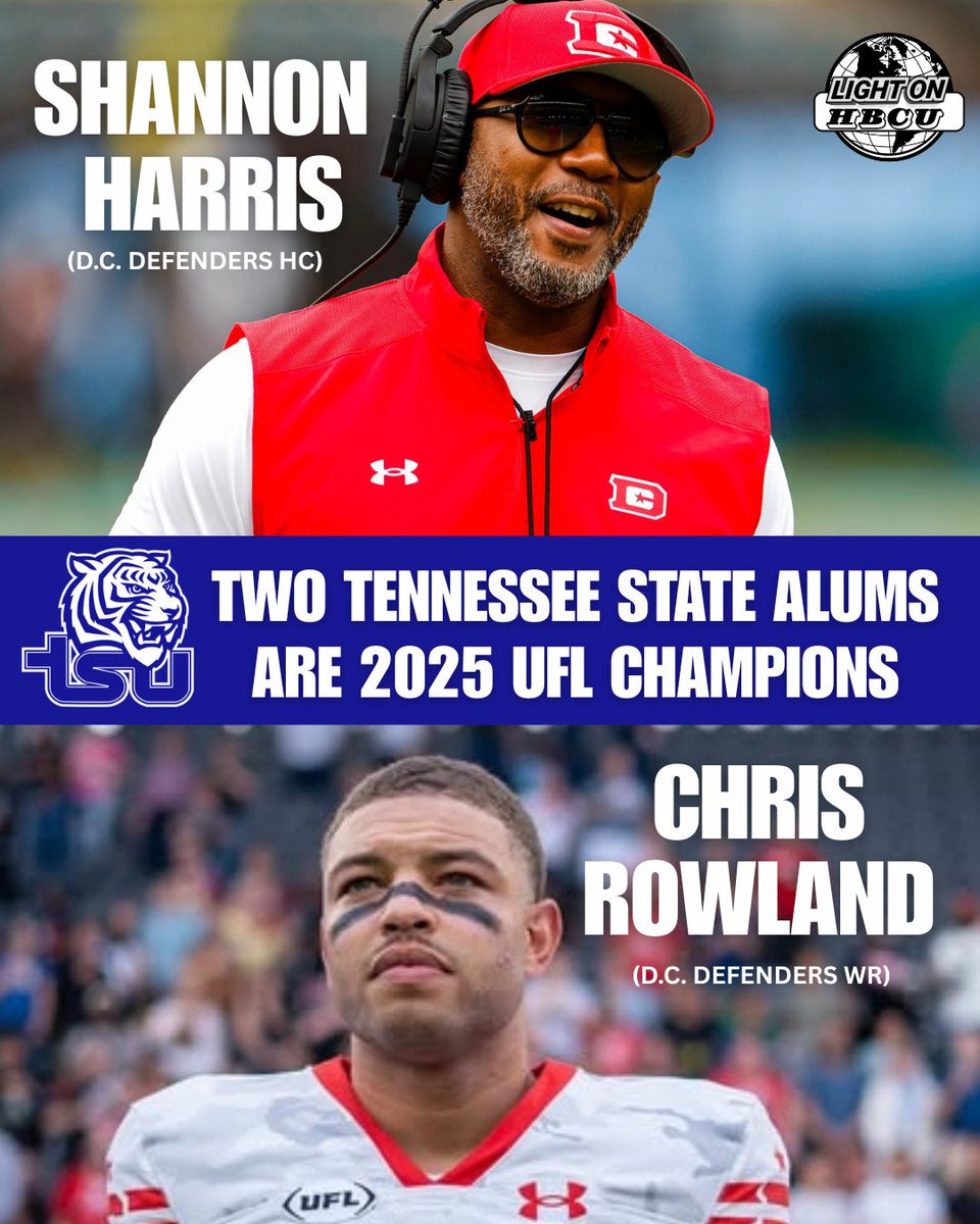LIGHT ON COLLEGE SPORTS (@lightonsports) on Twitter photo Tennessee State alums Shannon Harris and Chris Rowland are 2025 UFL Champions, with the D.C. Defenders. 🏆
<a href="/TheUFL/">United Football League</a> <a href="/TSUTigersFB/">Tennessee State Football</a> <a href="/XFLDefenders/">D.C. Defenders</a> Tennessee State alums Shannon Harris and Chris Rowland are 2025 UFL Champions, with the D.C. Defenders. 🏆
<a href="/TheUFL/">United Football League</a> <a href="/TSUTigersFB/">Tennessee State Football</a> <a href="/XFLDefenders/">D.C. Defenders</a>