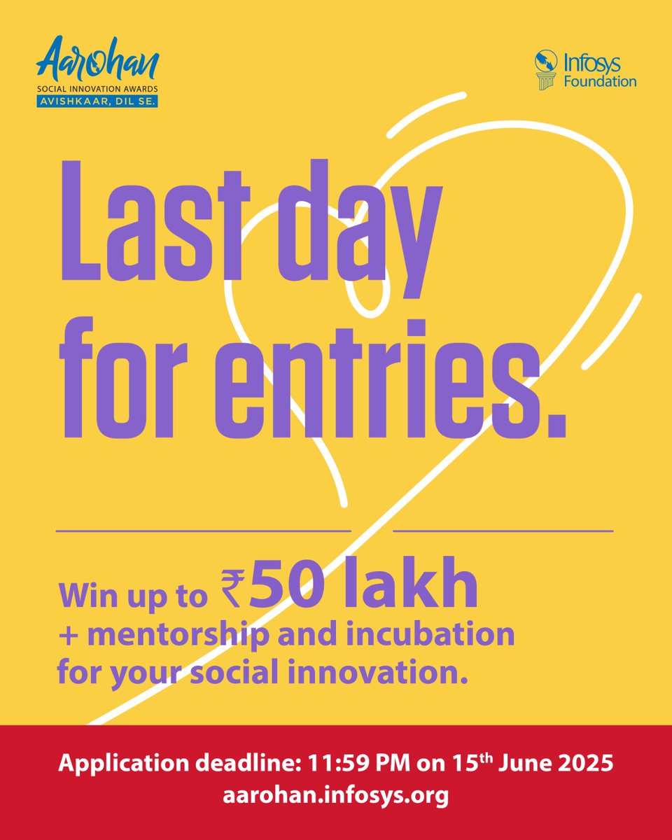 Last day to apply for #AarohanAwards. Submit your application for #Education, #Healthcare, or #EnvironmentalSustainability today!
Submit now: infy.com/3ZtDYu5
#InfosysFoundation #SocialInnovation