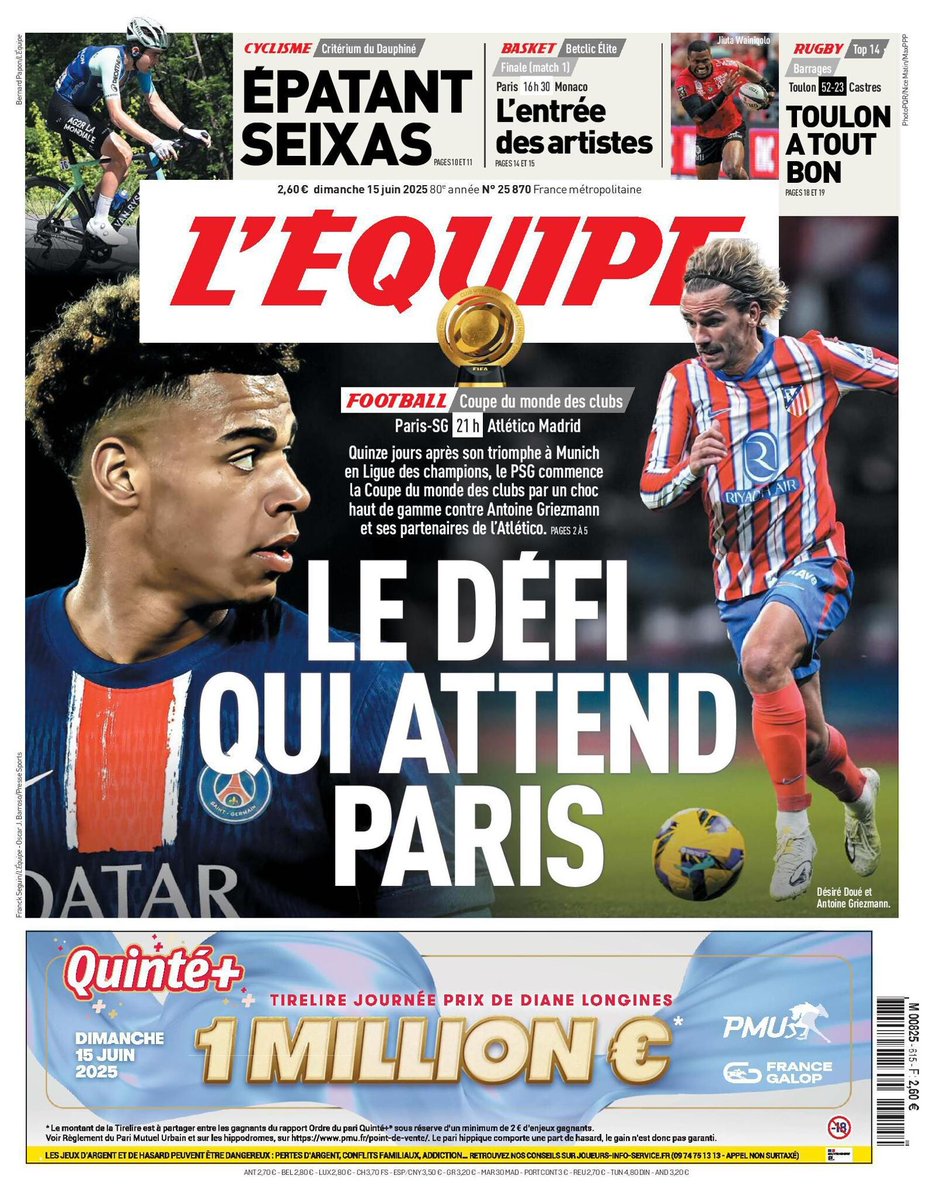 🗞️ La une du journal L'Équipe du dimanche 15 juin 2025
Pour lire votre édition ➡️ l.lequipe.fr/DGu
